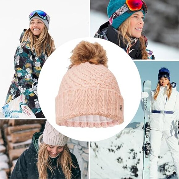 Chunky Knit Winter Beanie Fleece Lined Faux Fur Pom Elegant Chic Accessory main image 8